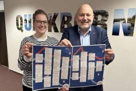 Kulturmanagerin Deike Roeder und Bürgermeister Thomas Beckmann präsentieren den neuen Veranstaltungskalender der Stadt Quickborn